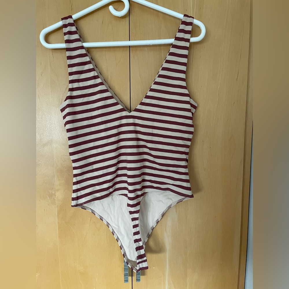 Striped Burgundy & Cream V-Neck One-Piece Bodysuit - Picture 2 of 3